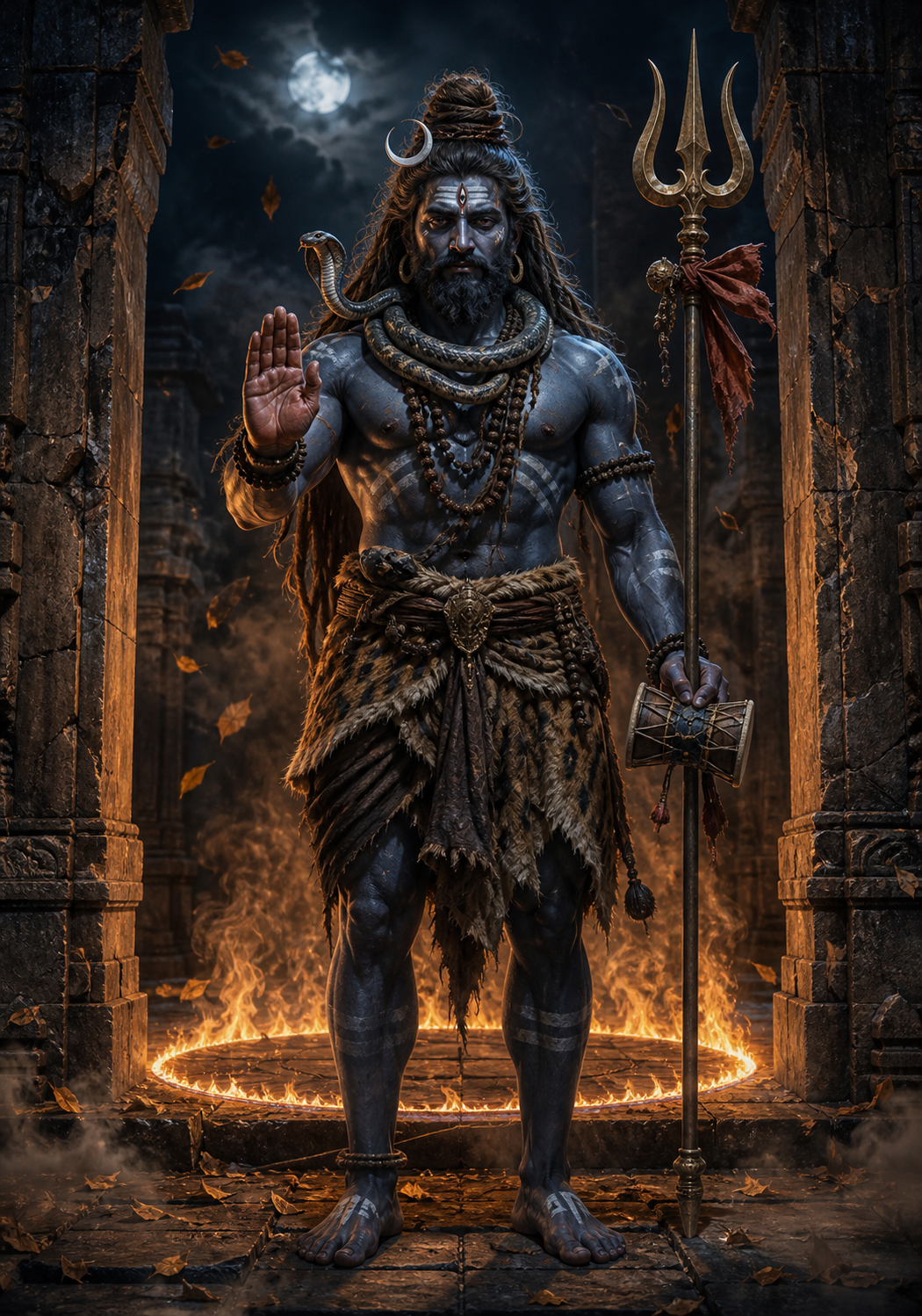 Kala Rudra stands calmly in a stone temple threshold with a trident, hand drum, crescent moon, serpent, and ring of fire.