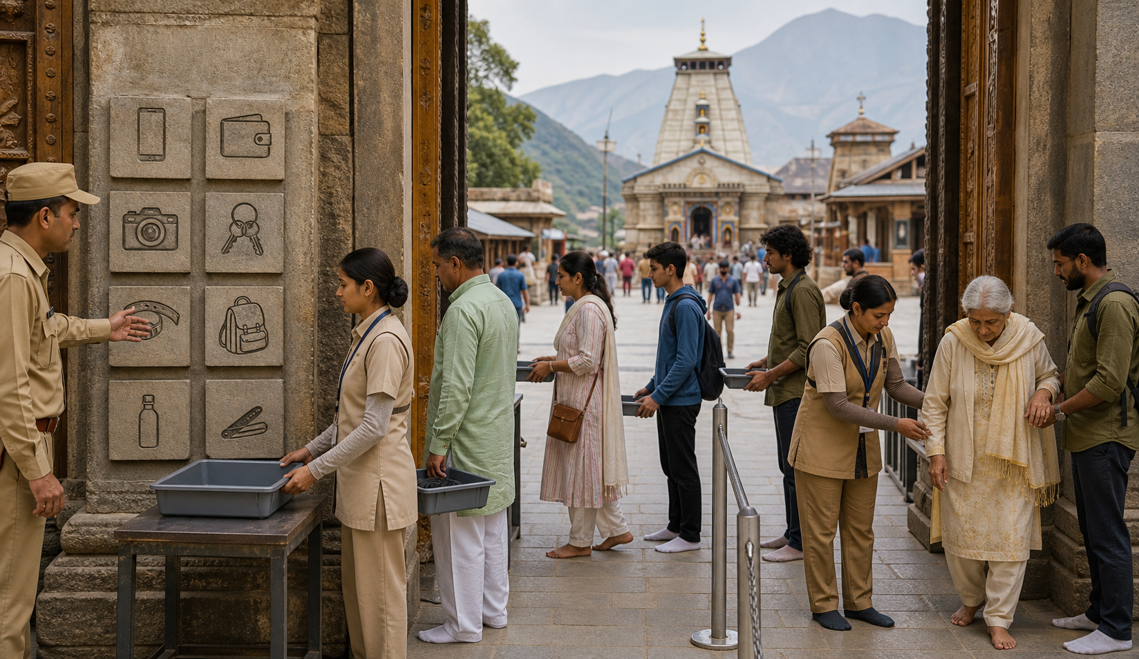 Temple attendants respectfully screen visitors and place restricted belongings in secure trays at a pilgrimage-site entrance.