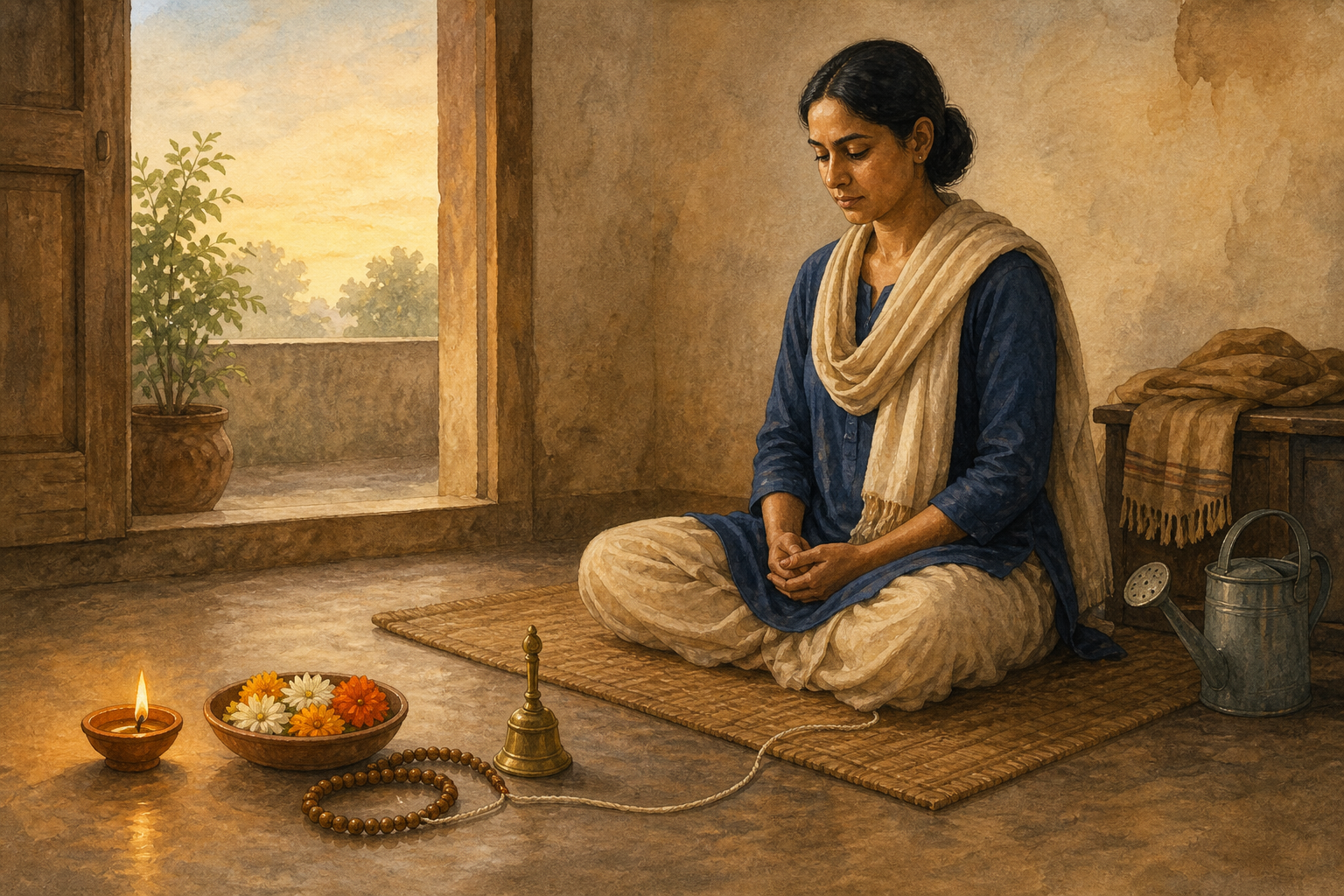 A person sits on a woven mat at dawn before a small practice space with an oil lamp, flowers, wooden meditation beads, and a brass bell.