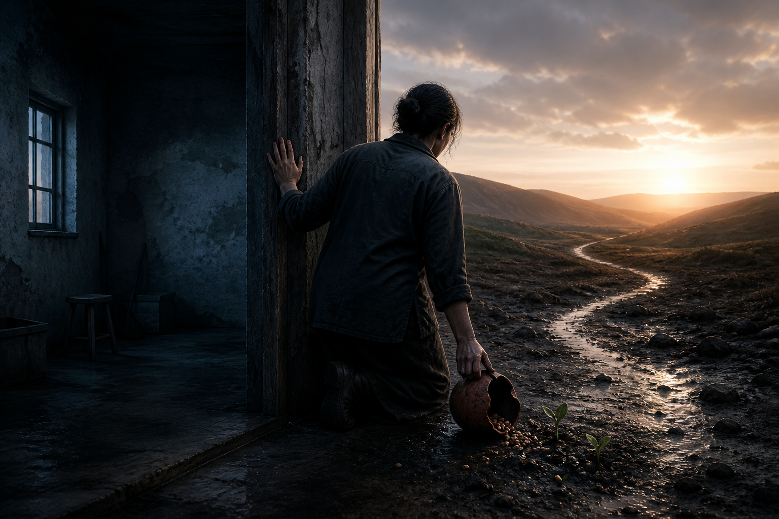 A person sets down a cracked clay vessel at a doorway and looks toward a dawn path where seeds are sprouting.