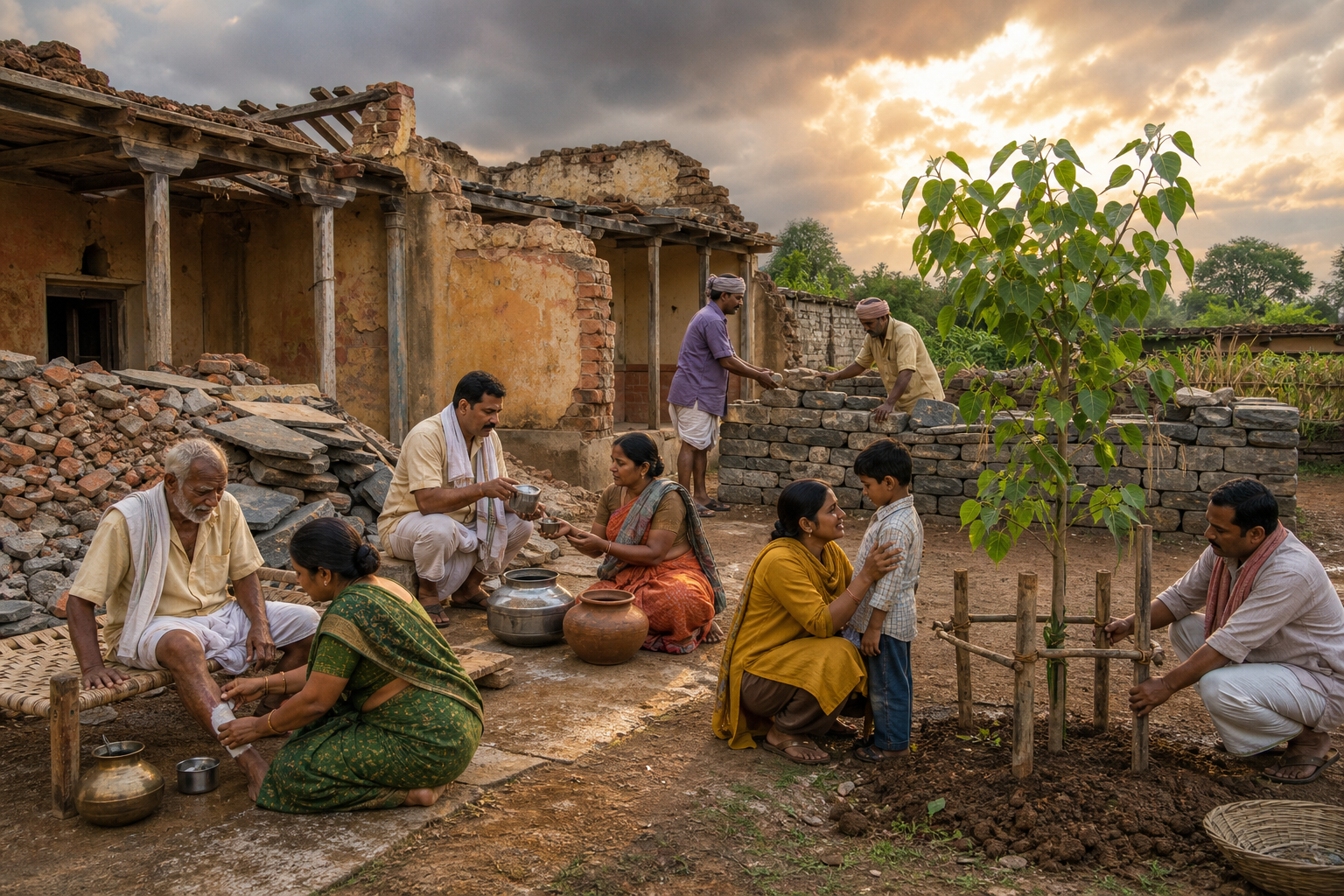 People care for an elder and child, brace a young tree, and reuse sound stones in a storm-damaged courtyard.