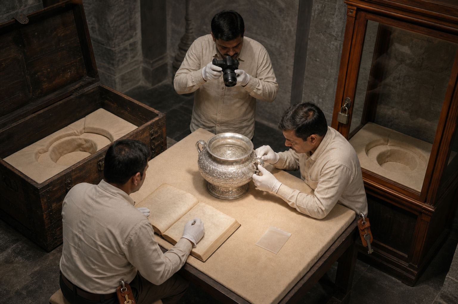 Three temple custodians document the witnessed transfer of a ceremonial silver vessel inside a secure treasury room.