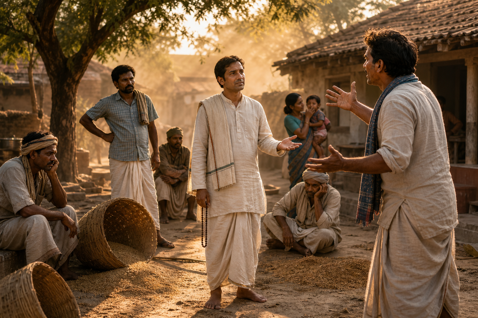 A calm devotee holding prayer beads faces an agitated man in a busy village courtyard as other people react around them.