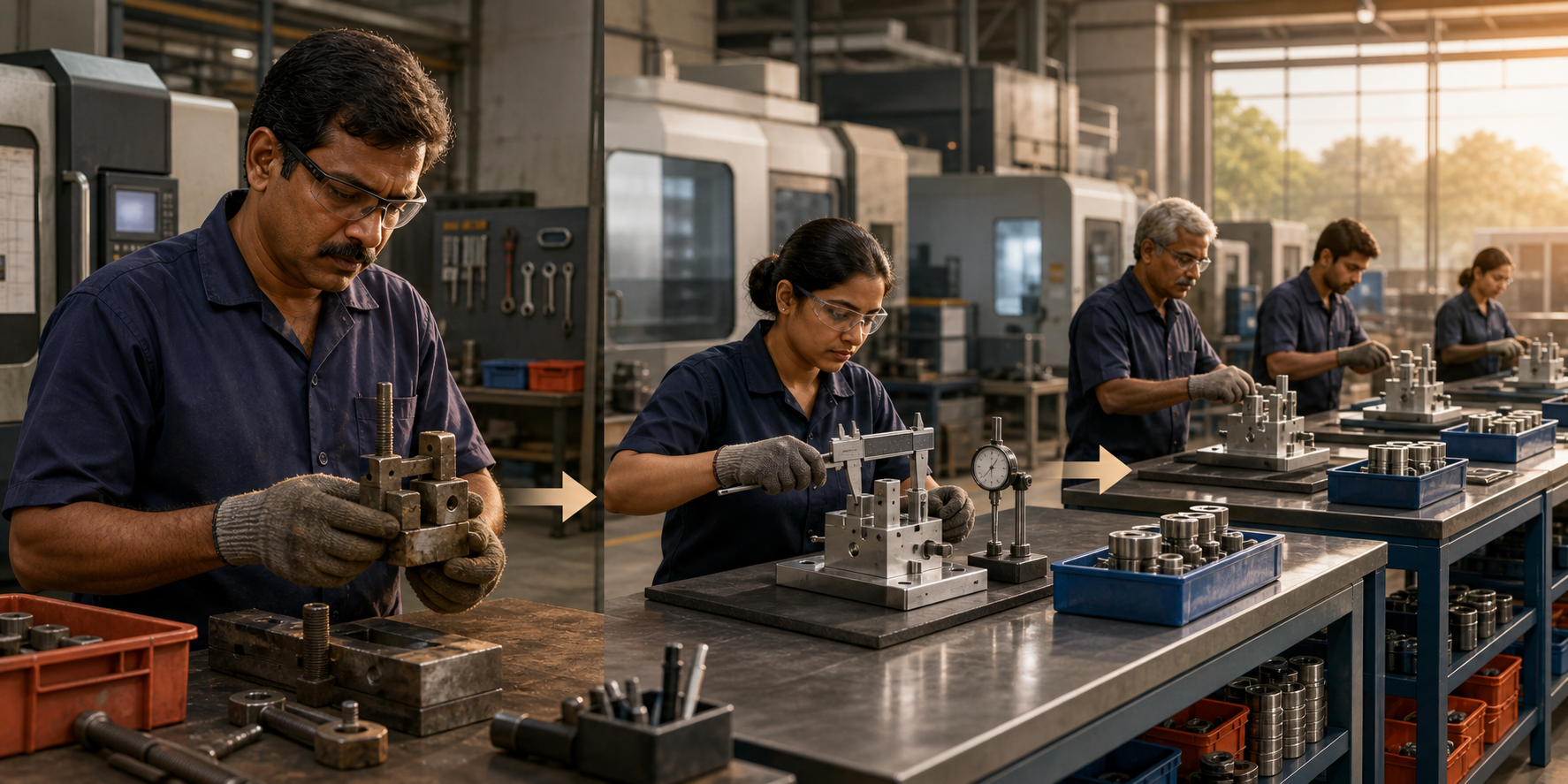 A technician in an Indian factory examines an improvised fixture while nearby operators measure, test, and use a standardized version in an organized production cell.
