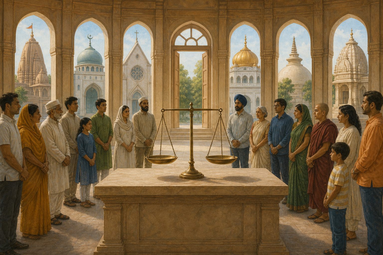 A balanced scale in an Indian civic hall surrounded equally by diverse citizens and architectural forms associated with several religious traditions.