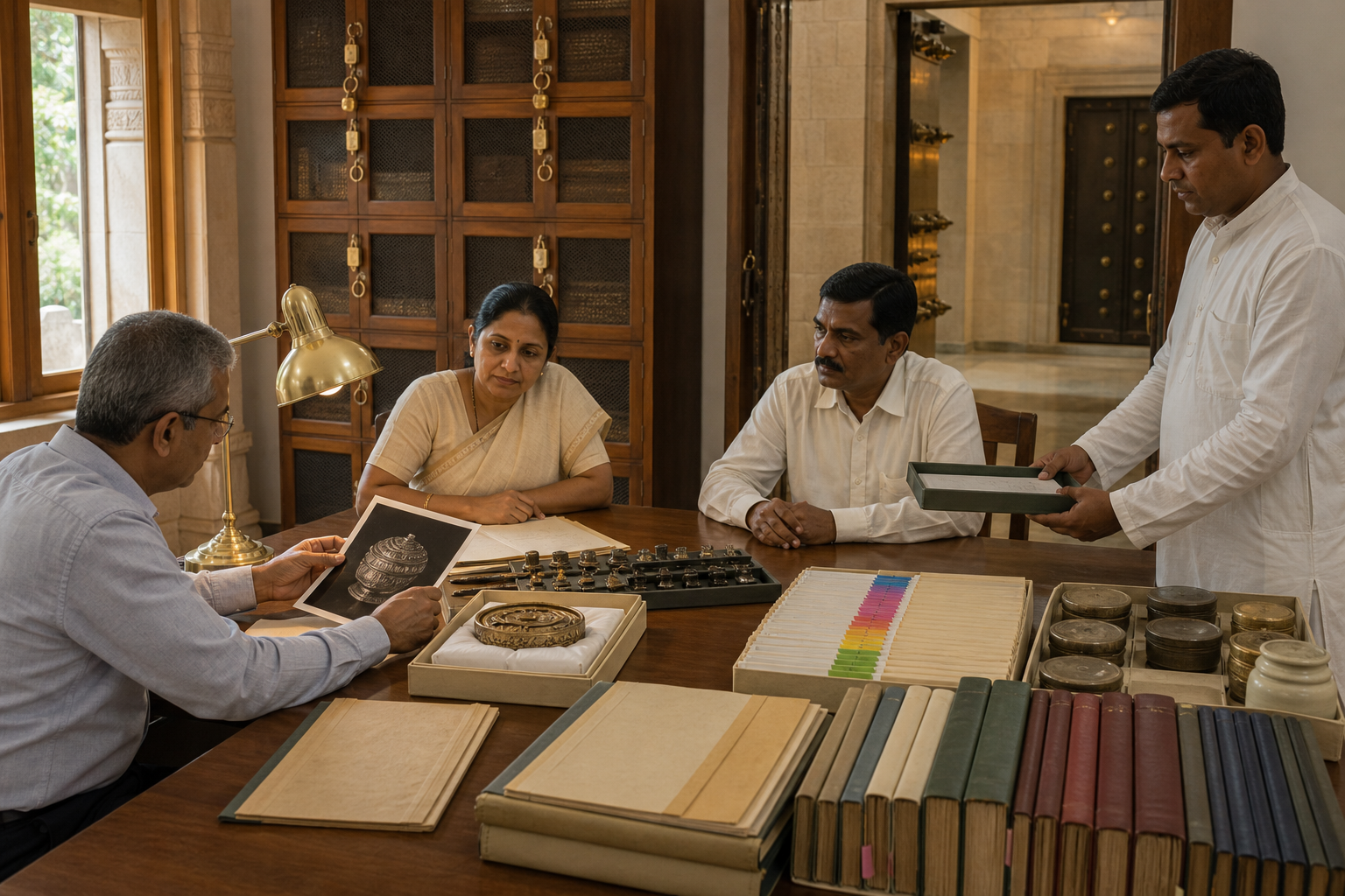 An auditor and community oversight members examine temple inventory registers, photographs, sealed containers, and key-control trays at an archive table.