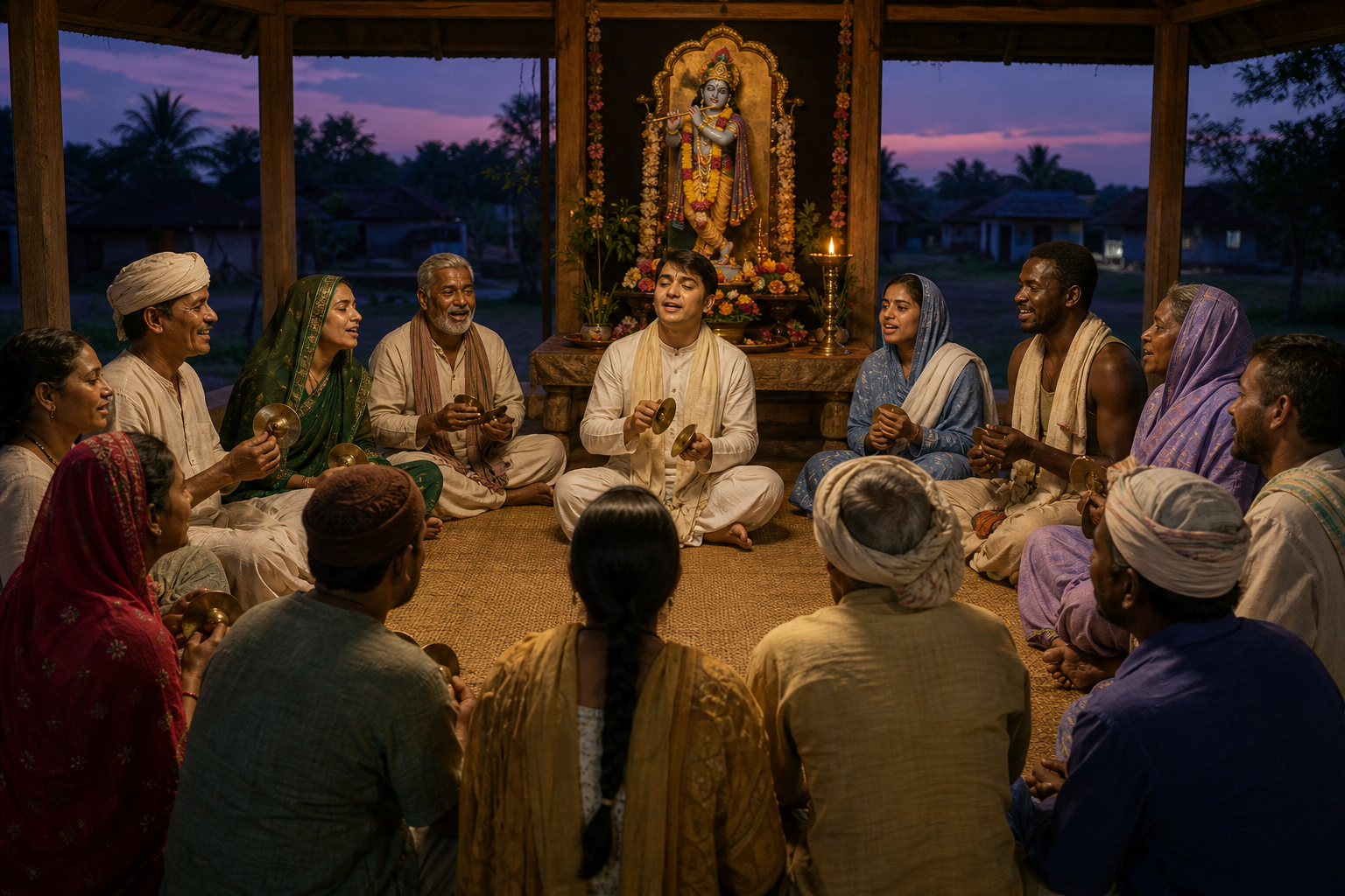Villagers of different ages and backgrounds sit together at one level for devotional singing beside a small Krishna shrine.