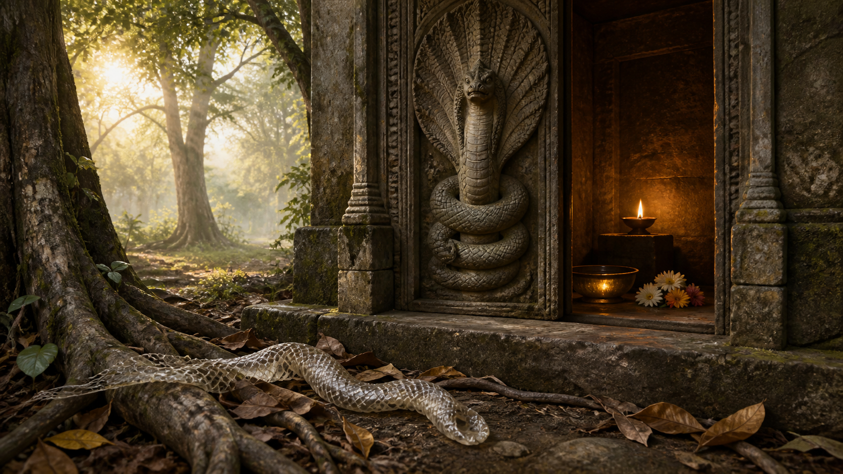 A shed snakeskin lies beneath tree roots outside a stone shrine whose doorway has a carved naga relief, with a lamp, water bowl, and flowers inside.