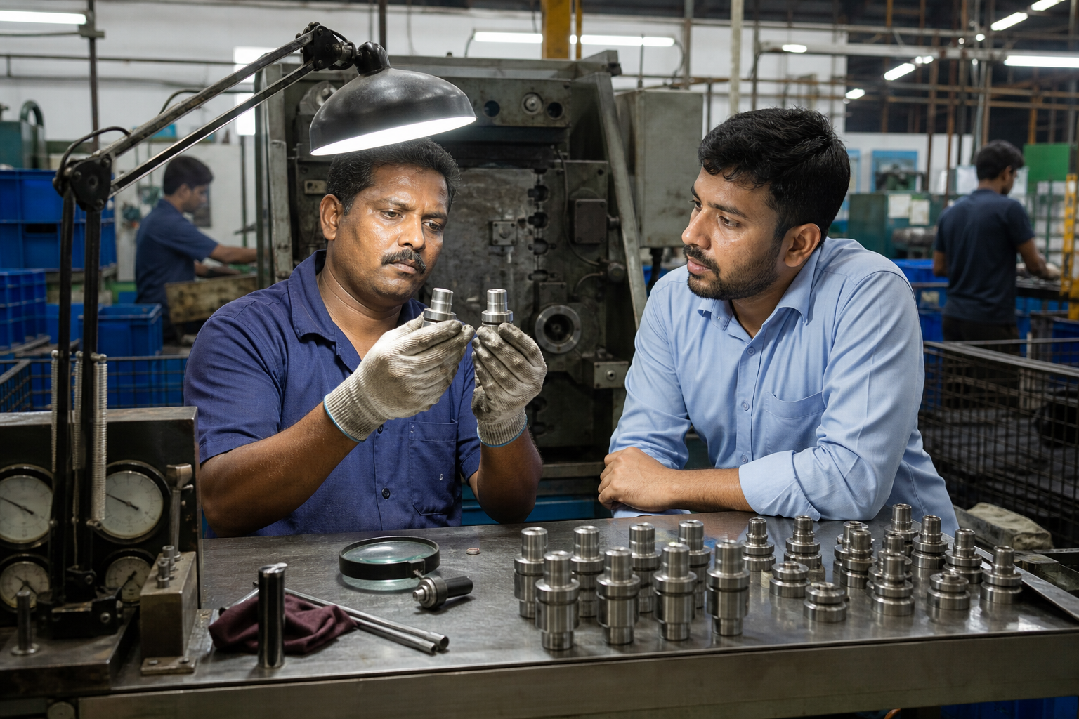 A machine operator inspects a defective component under a lamp while a quality engineer listens beside the workstation.