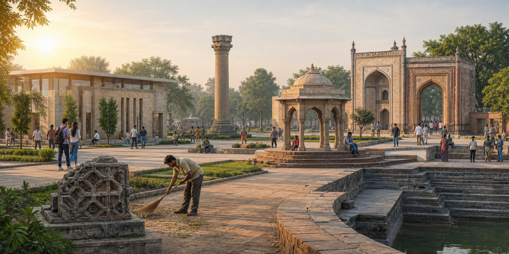 People walk through an Indian public plaza where architectural elements from several historical periods are preserved together.
