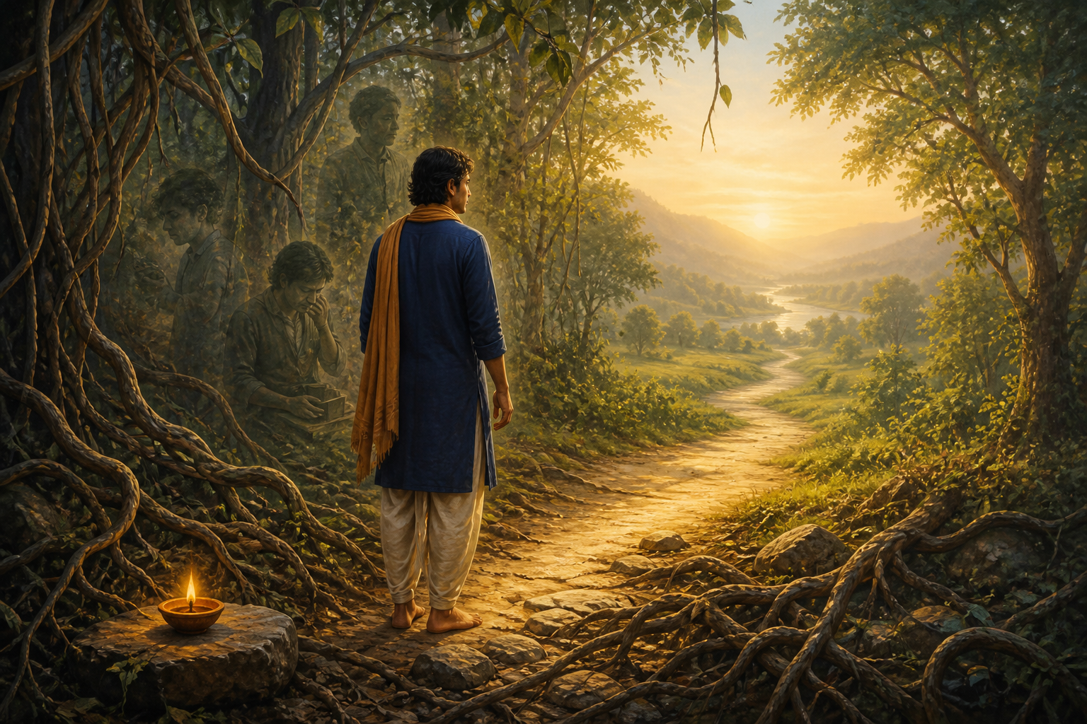 A person pauses beside a small oil lamp where tangled forest roots open into a sunlit path at dawn.