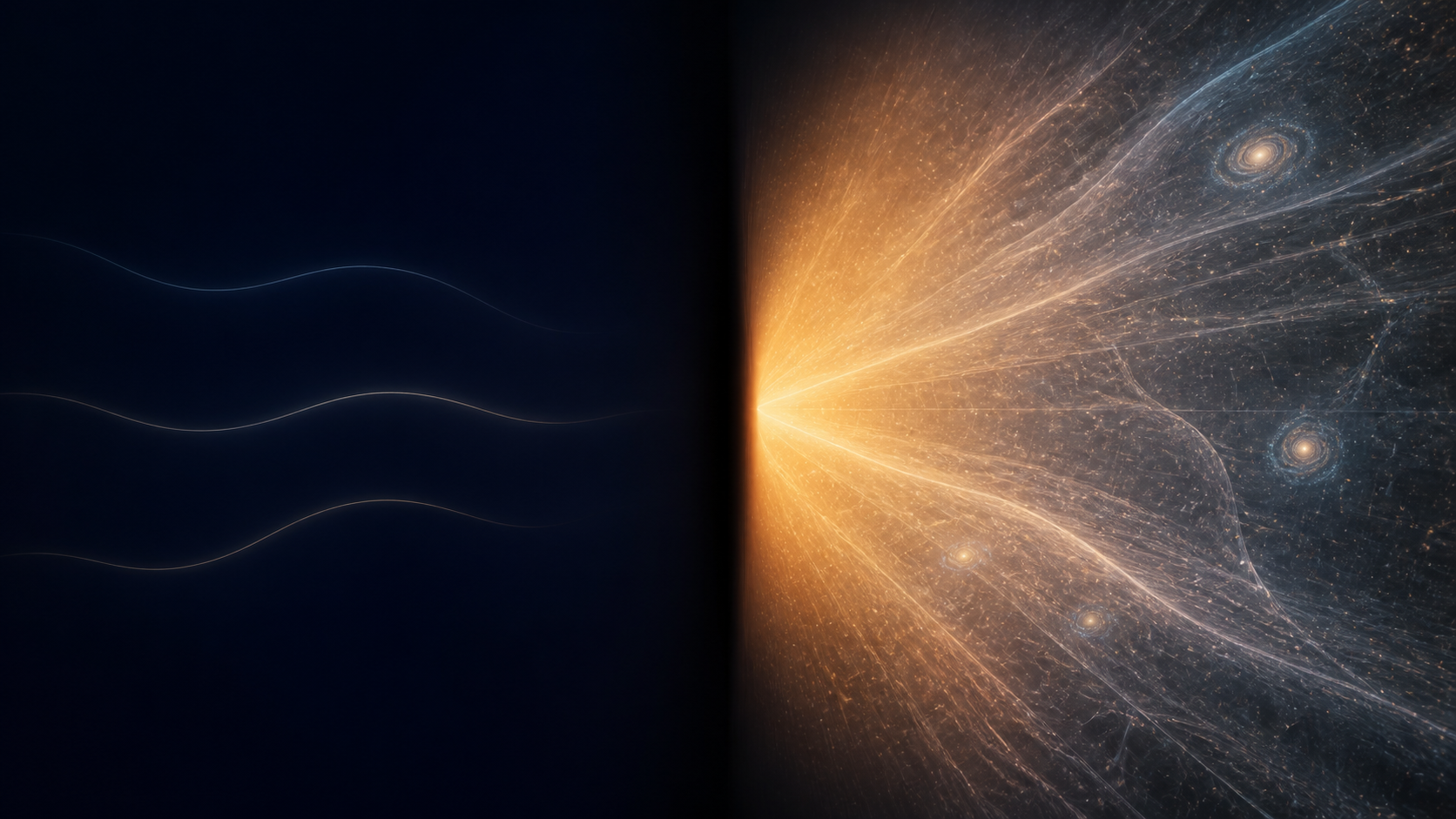 Conceptual illustration of a dark central boundary between a still primordial field and an expanding luminous early universe.