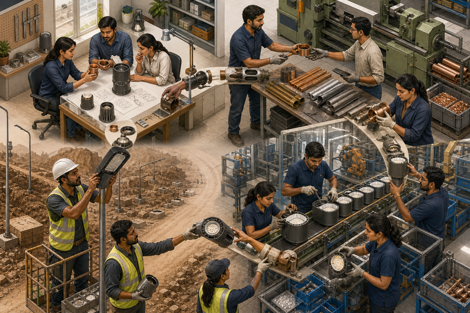 Designers, suppliers, factory operators, and a field technician inspect the same product across four connected manufacturing settings.