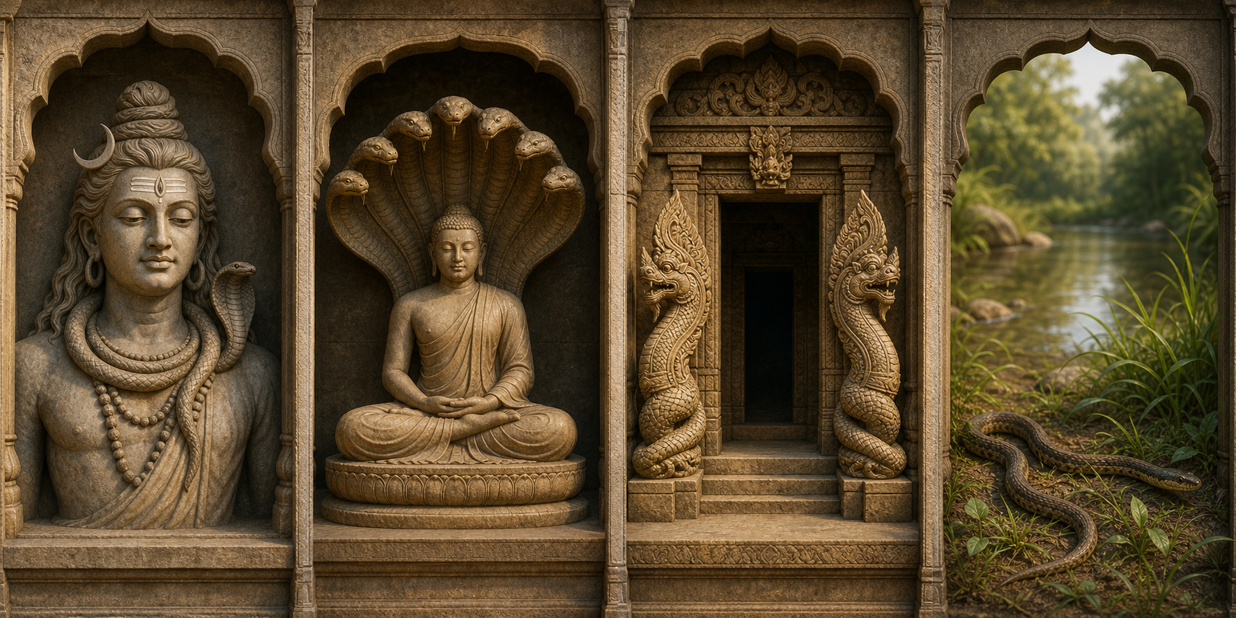 Four separate scenes show a serpent around Shiva's neck, a many-hooded naga sheltering a meditator, naga carvings guarding a doorway, and a snake moving through riverside grass.