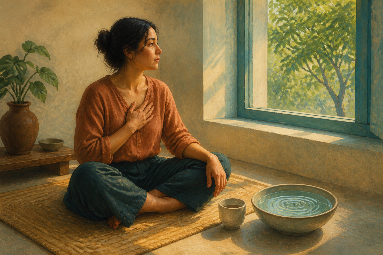 An adult sits reflectively by an open window as ripples spread across a bowl of water in shifting warm and cool light.