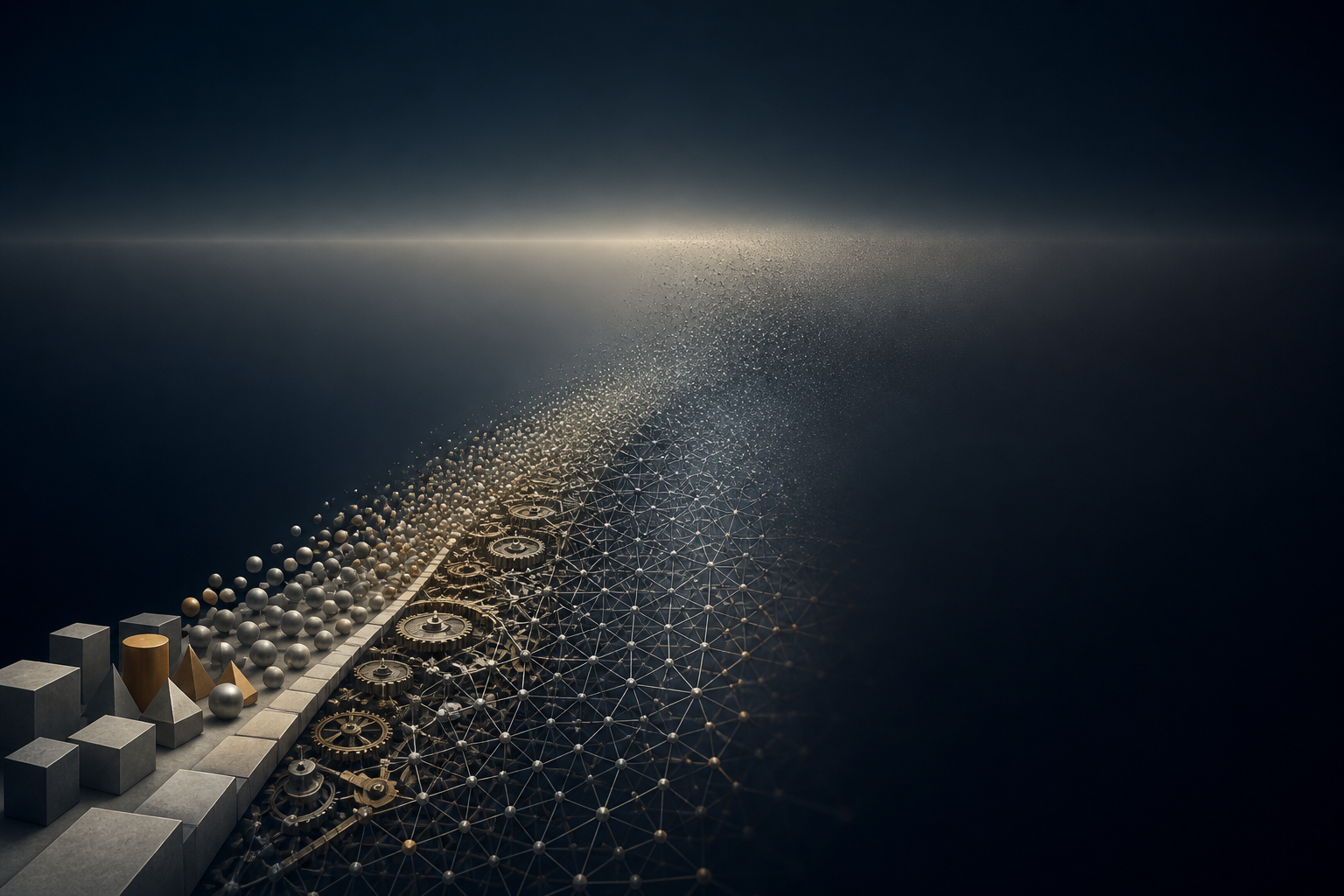 Geometric forms, clockwork, particles, and a spatial grid dissolve as they approach a dark, featureless horizon.