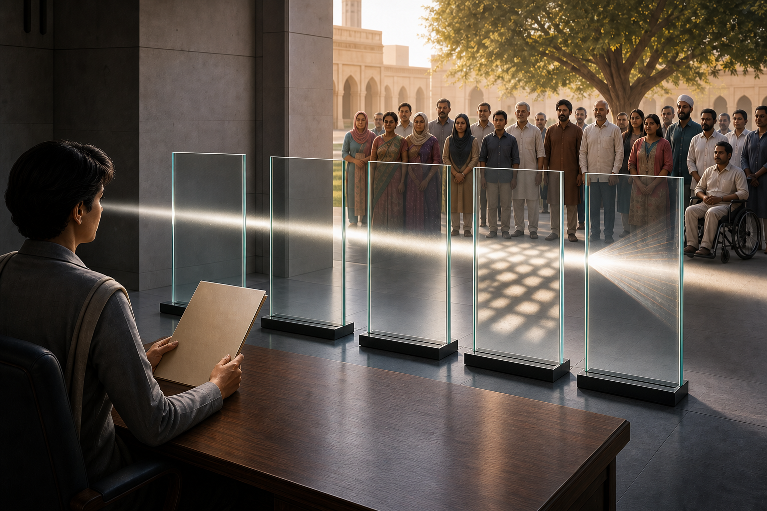 A civil servant examines an unmarked policy folder through five transparent frames while a diverse group of citizens waits in a shared courtyard.