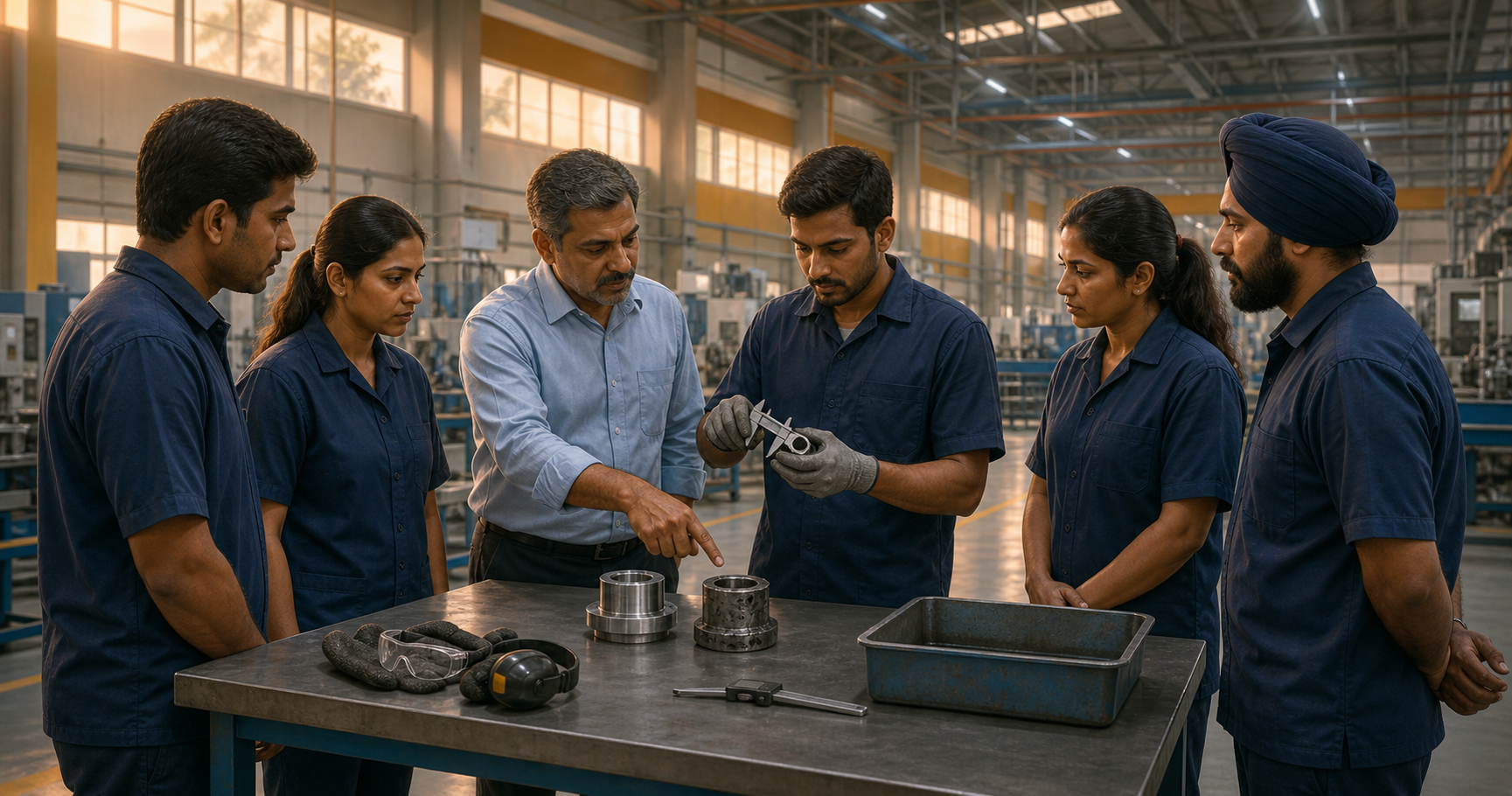A factory team gathers before a shift to compare accepted and rejected components and review an inspection method.