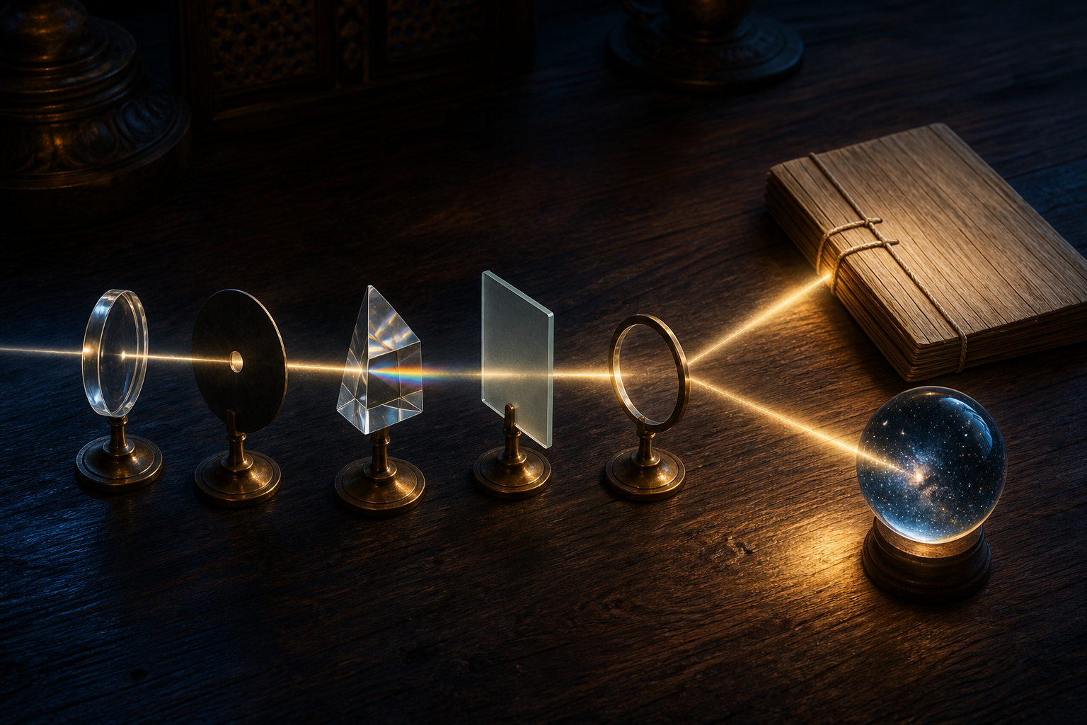 Five optical elements filter a beam of light toward a blank palm-leaf folio and a separate glass sphere containing stars.