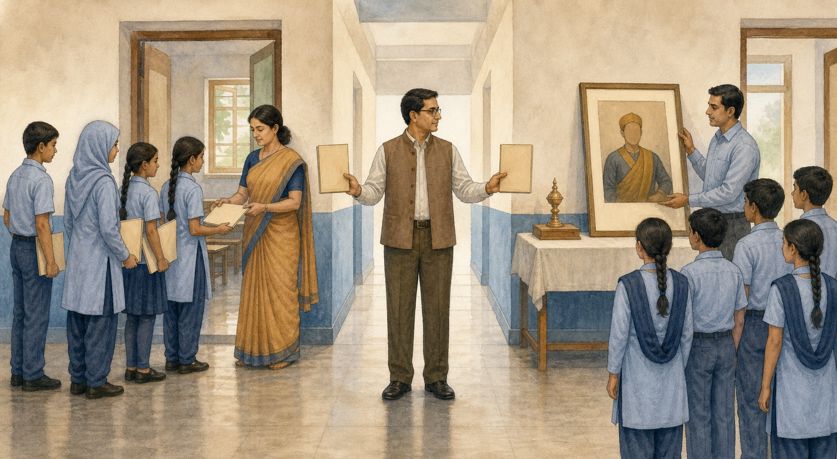 A symmetrical Indian school corridor shows an administrator reviewing a student dress issue on one side and an unlabelled historical display on the other.