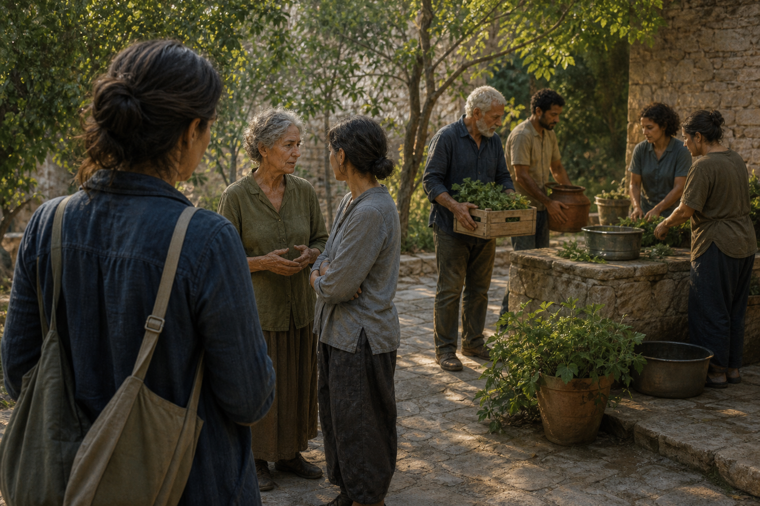 A newcomer observes an older teacher helping with a communal task while speaking with another community member in a courtyard.