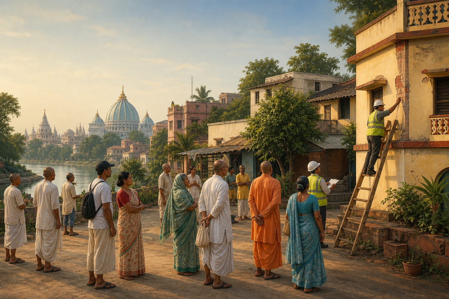 Mayapur residents gather in an open courtyard while volunteers inspect nearby buildings after mild earthquake shaking.