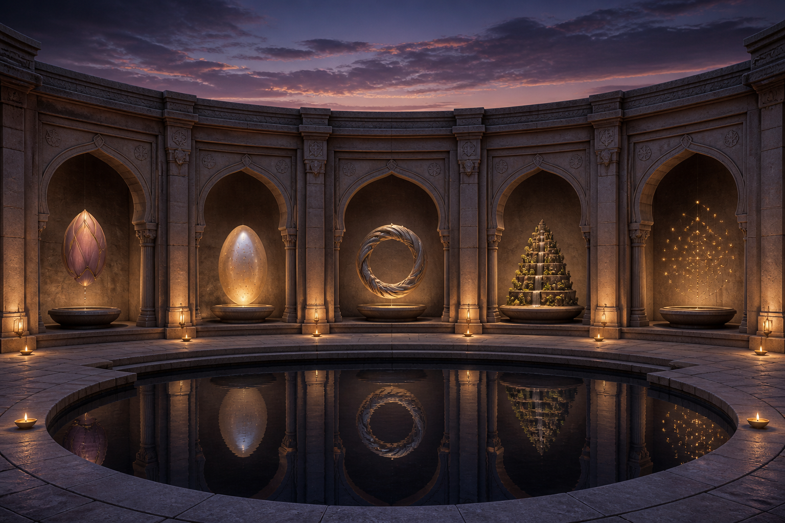 A circular courtyard contains separate alcoves with a lotus bud, an egg-shaped form, a ring, layered terrain, and suspended points around one pool.