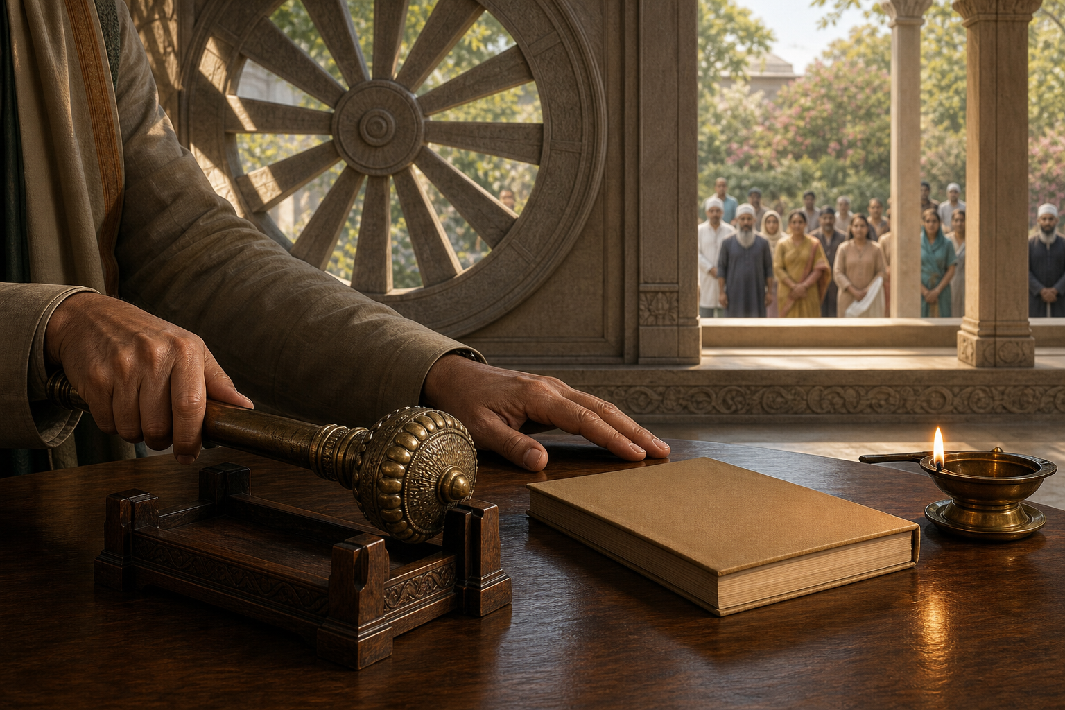 An official places a ceremonial staff on a stand beside a blank law book as a spoked stone screen casts a circular shadow across a council chamber.