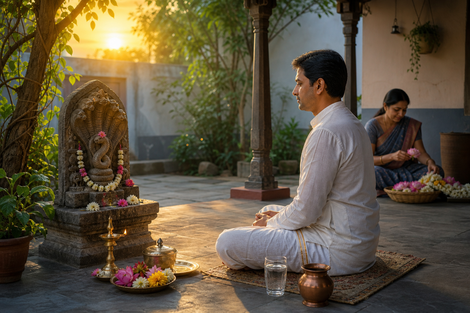 A devotee observes a quiet sunrise prayer beside a small stone naga shrine with a lamp, water, flowers, and a covered plate nearby.