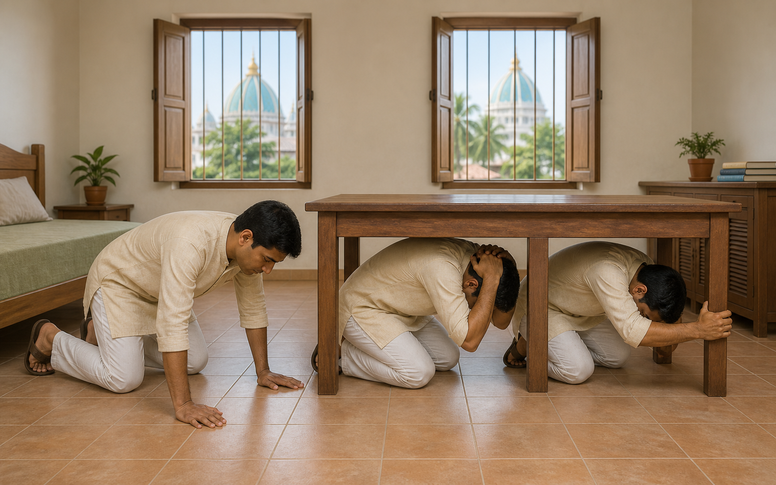 A three-stage illustration shows a person dropping, taking cover under a sturdy table, and holding on during earthquake shaking.
