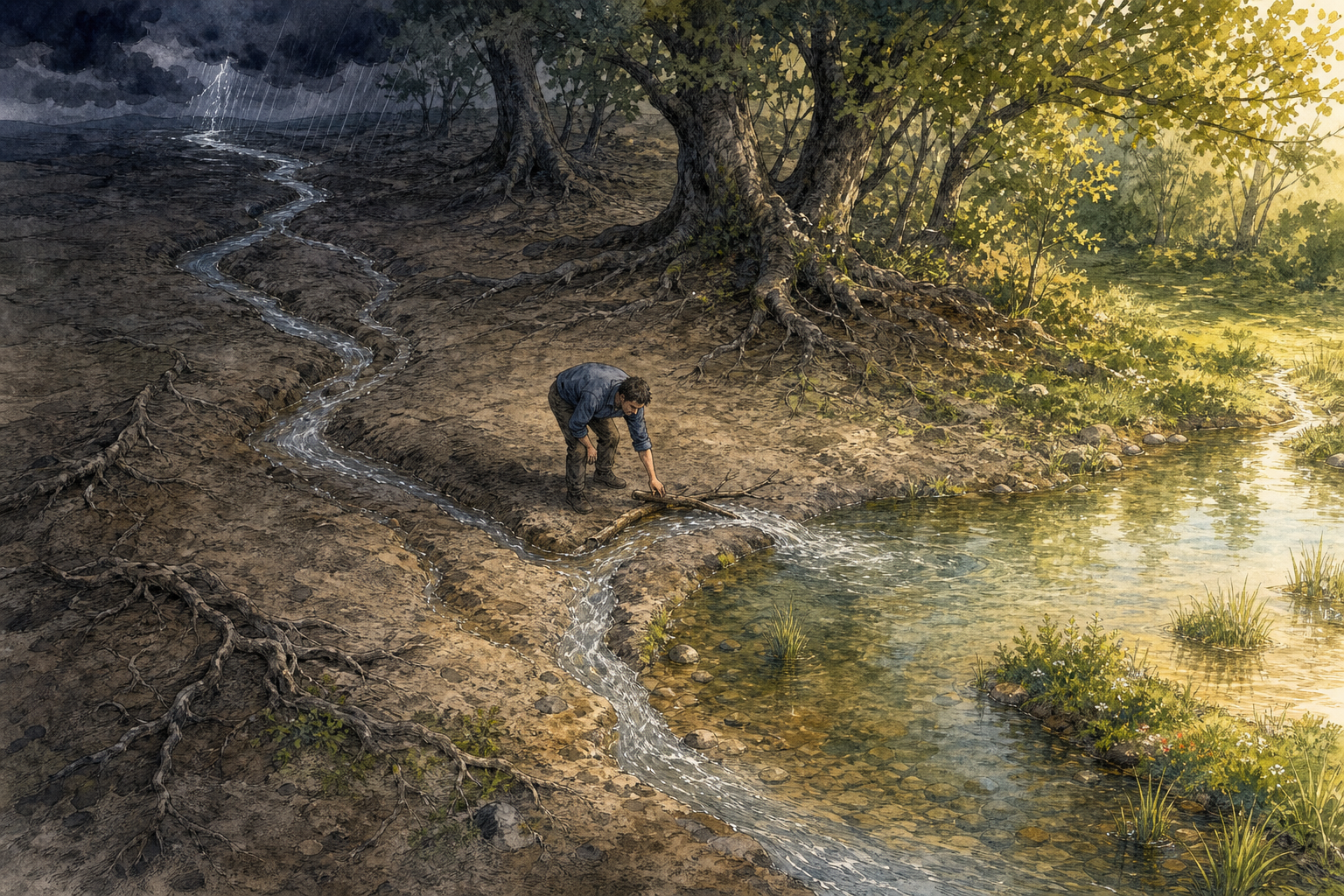 A person redirects a branch in a stream whose water follows old channels between exposed tree roots toward a sunlit basin.