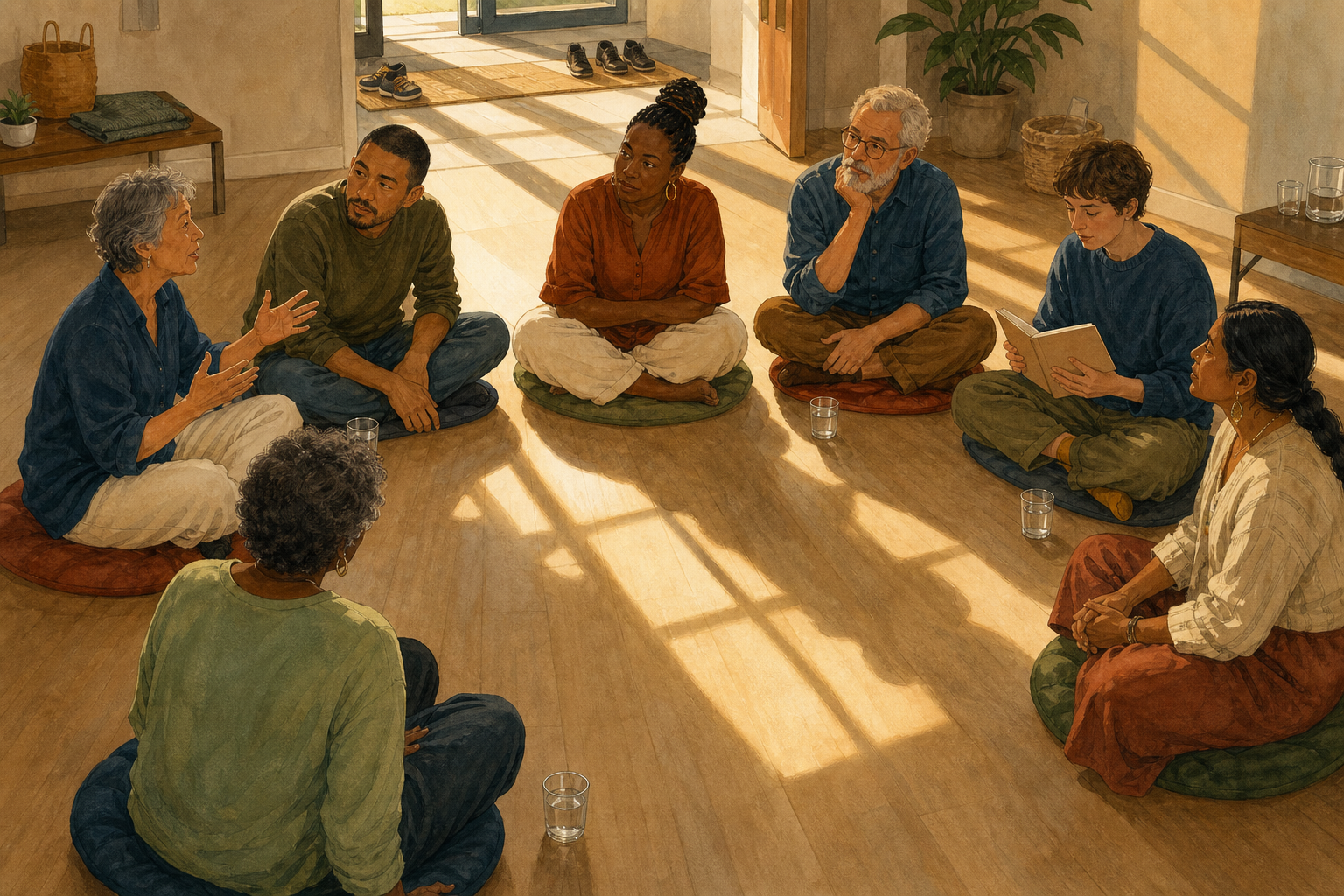 Seven adults of varied ages sit in an open circle and listen to one another in a sunlit community room.