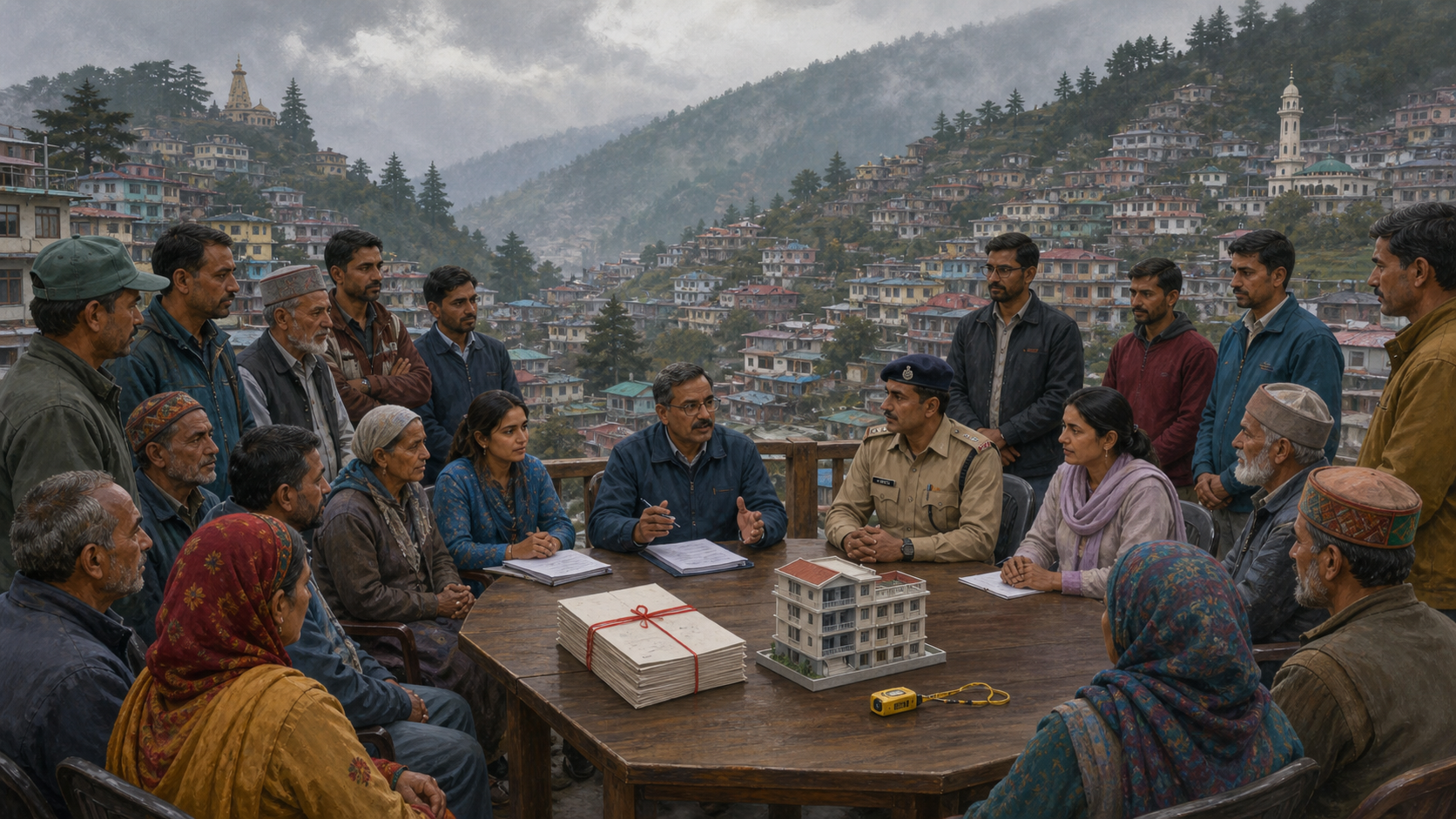 Residents, municipal officials, and police gather peacefully around a building model and an unmarked court file in a Himalayan hillside neighborhood.