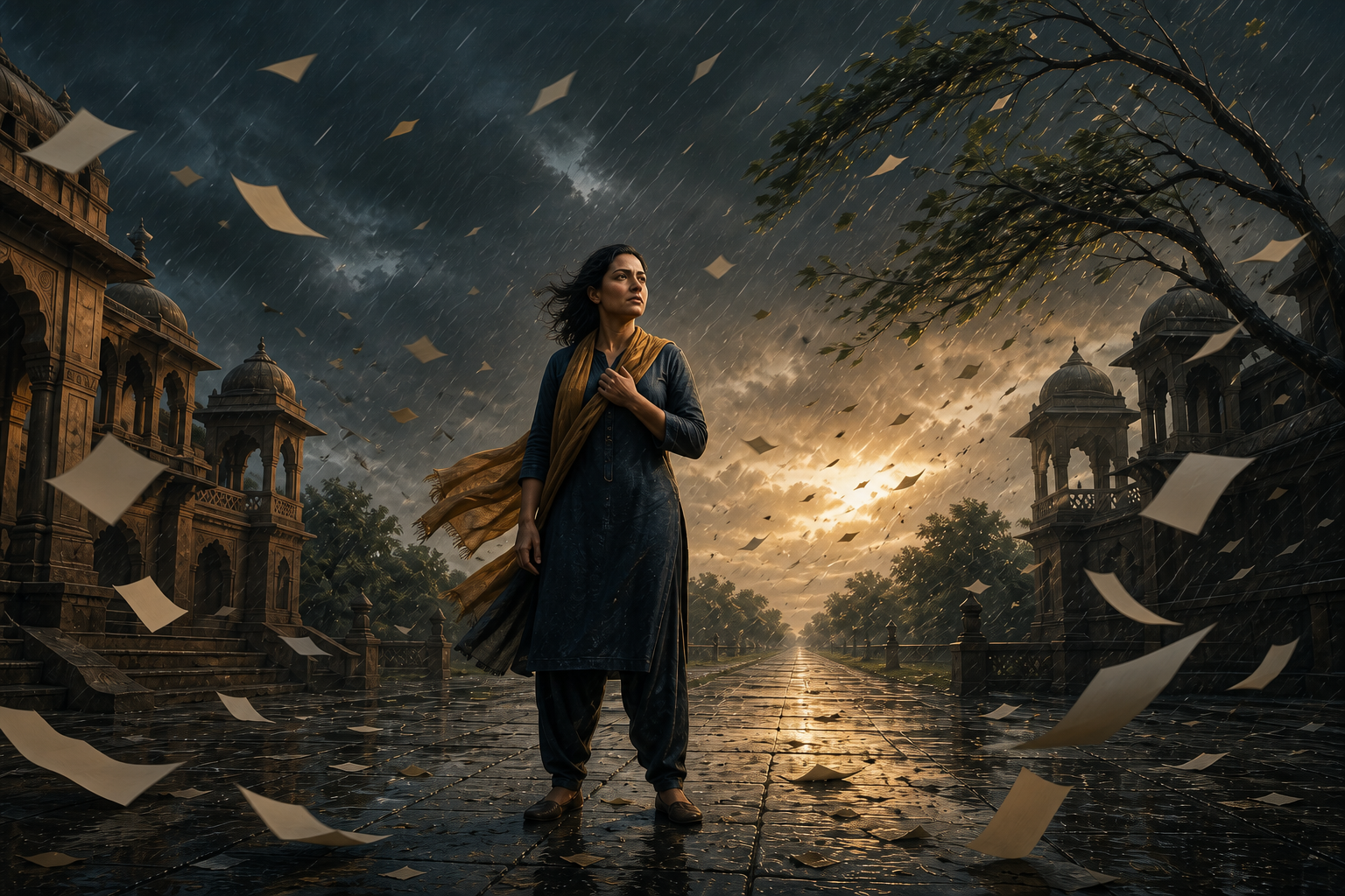 A person stands firmly in a stormy stone courtyard as papers and tree branches blow in the wind and sunlight breaks through the clouds.