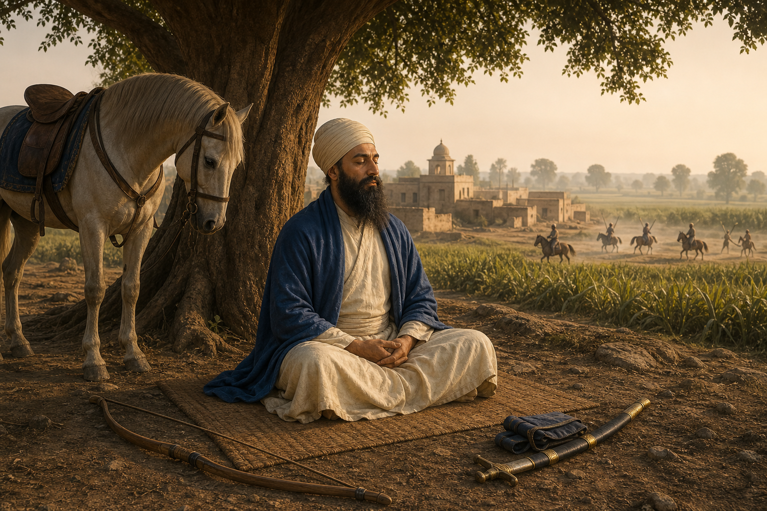 Guru Tegh Bahadur meditates beneath a tree while a horse, bow, and sheathed sword rest nearby in a seventeenth-century Punjabi landscape.