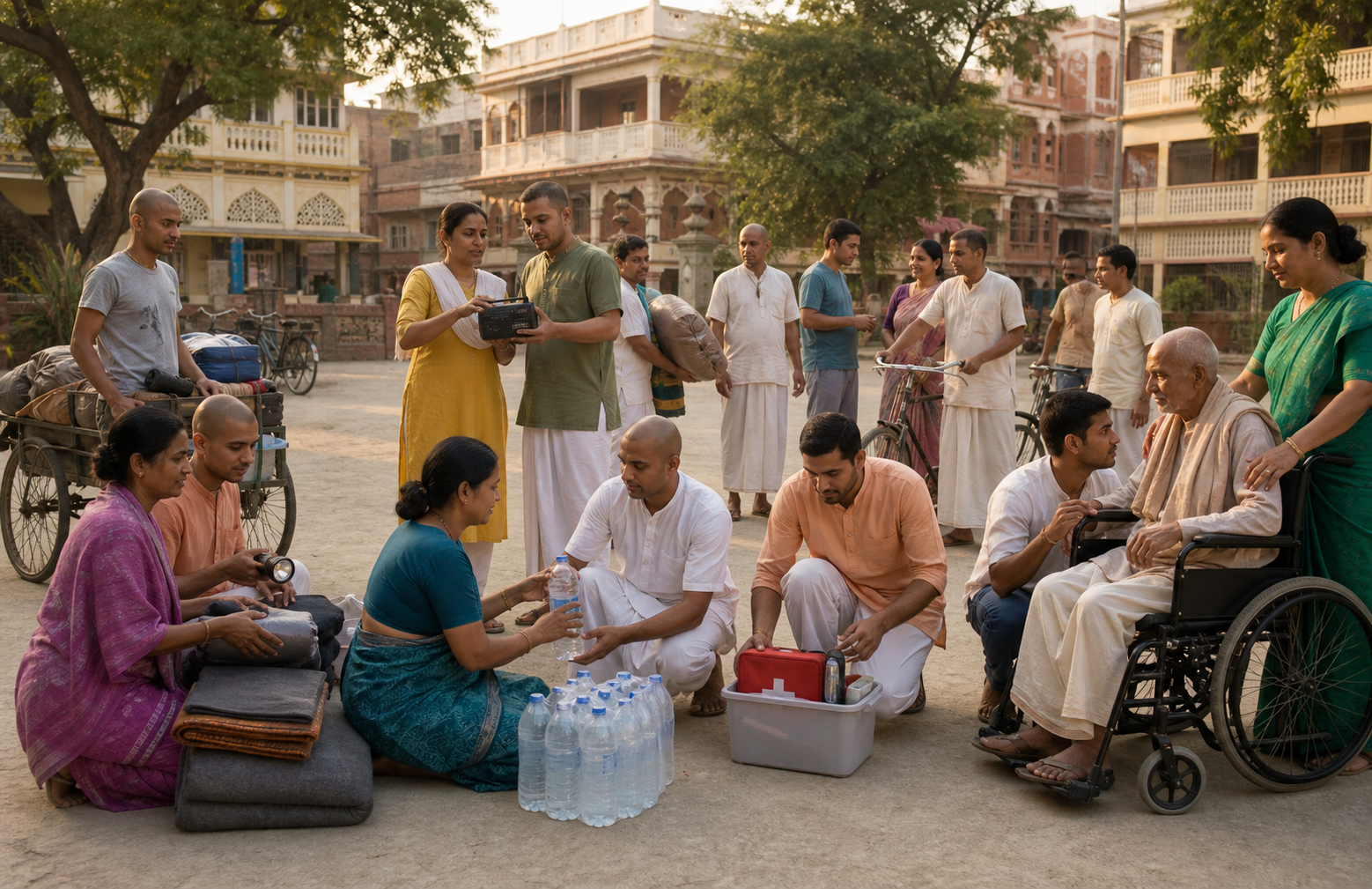Mayapur community members organize water, first-aid supplies, flashlights, and assistance for vulnerable neighbors.