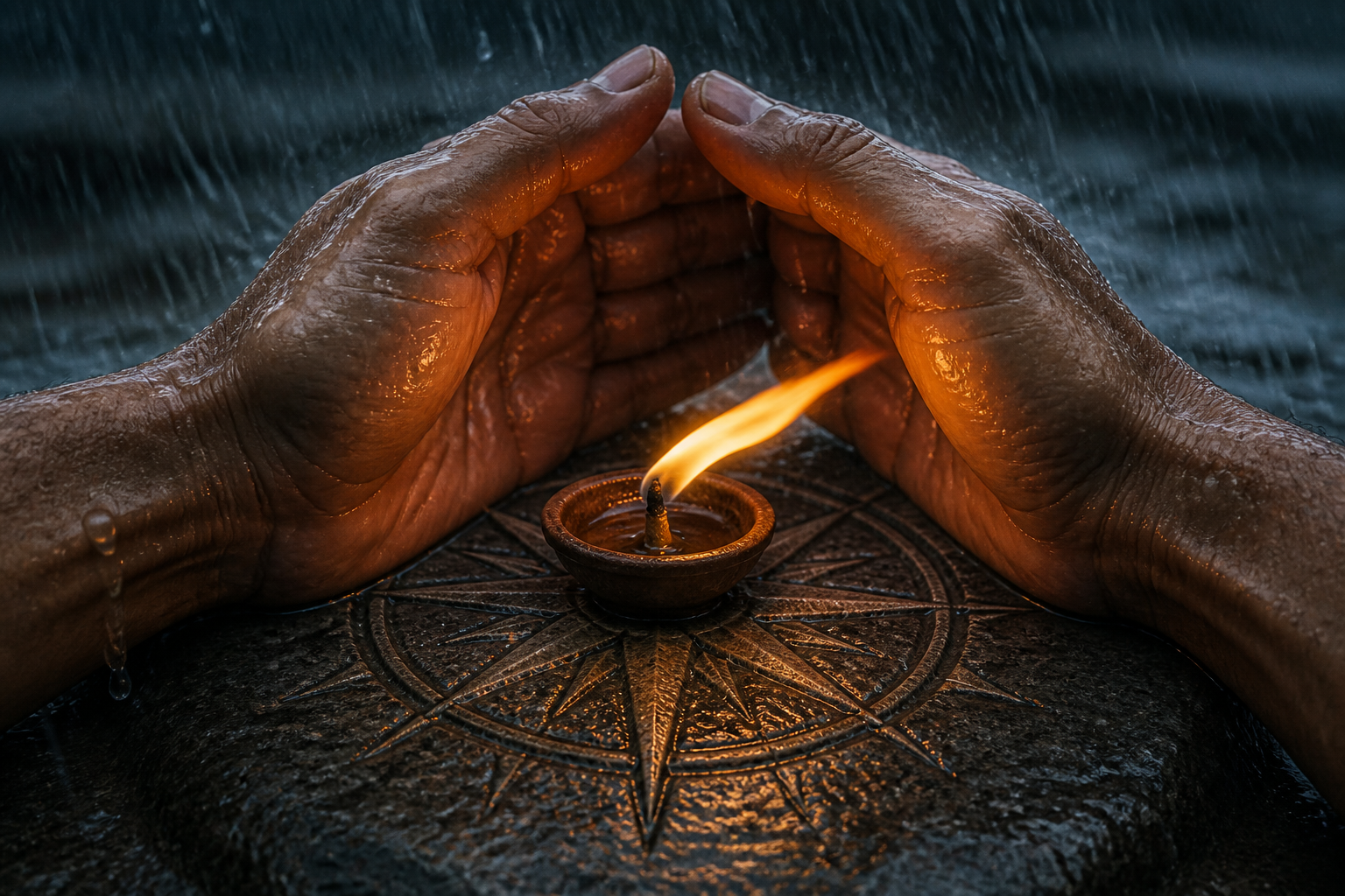 Two wet hands shield a small burning oil lamp from heavy rain above a carved stone surface.