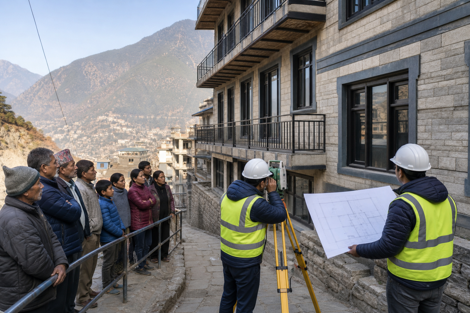Municipal surveyors measure a multistory building while a mixed group of residents observes from behind a safety barrier.