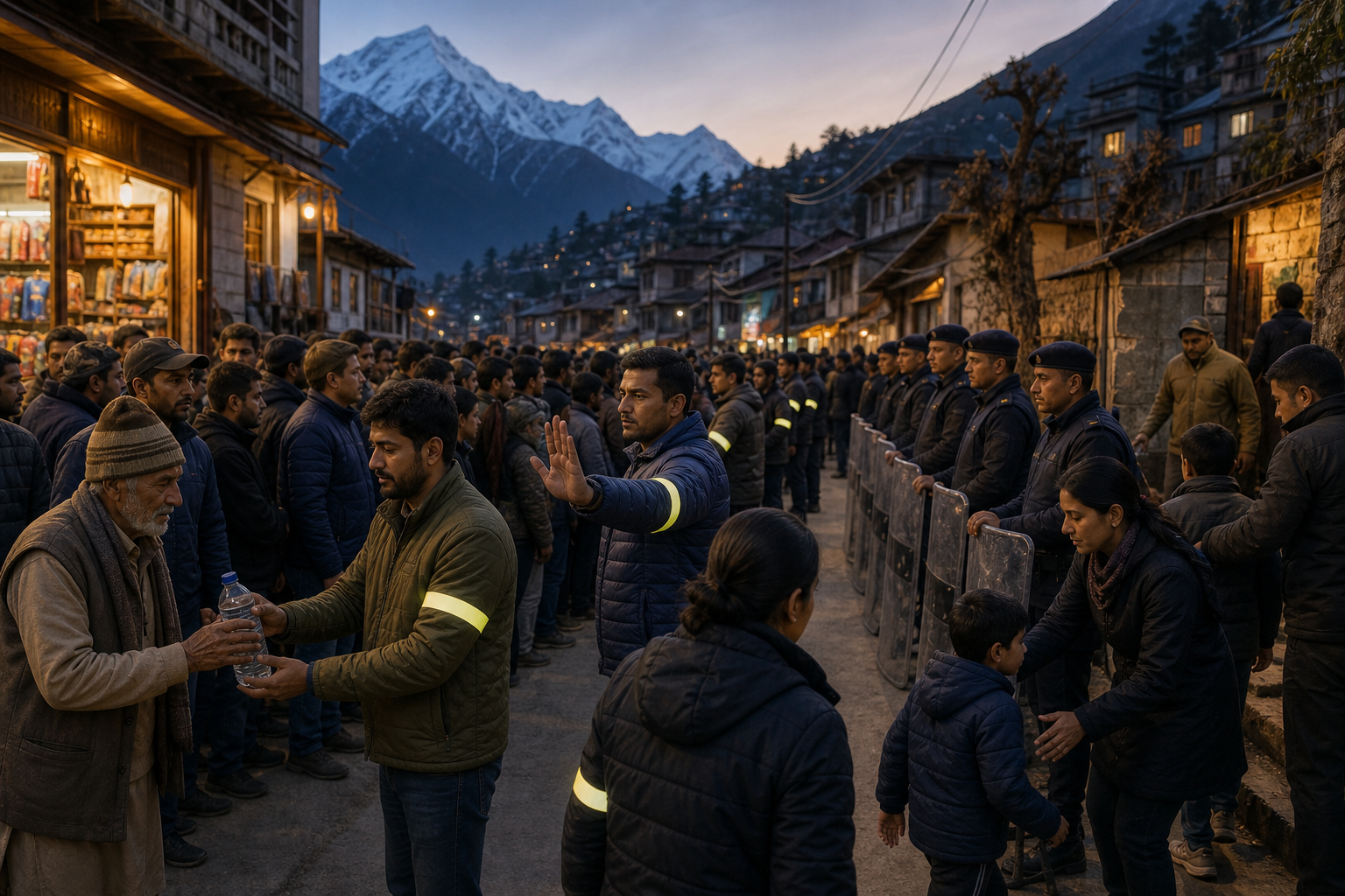Volunteer stewards keep a peaceful protest orderly as police stand back and residents maintain a clear passage on a mountain road.