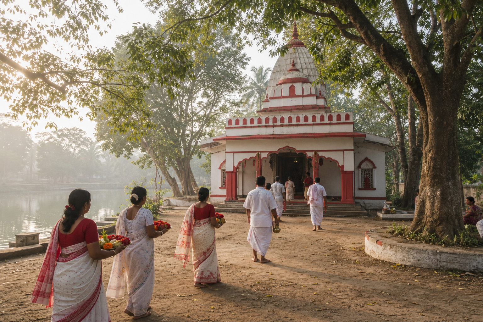Pilgrims carrying flowers and offering plates approach a rural Bengali temple beside a pond at dawn.