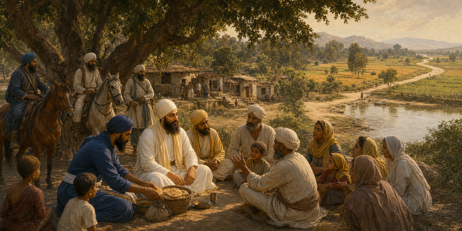 Guru Tegh Bahadur and Sikh companions arrive at a riverside village, where they meet residents and help distribute food.