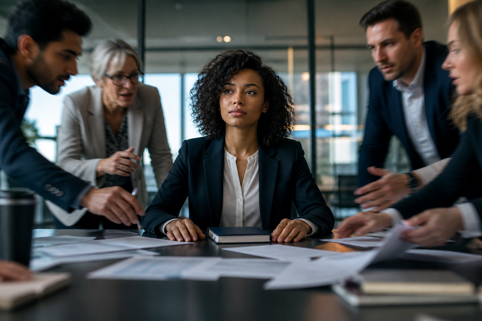 A professional pauses with open hands at a conference table while colleagues and scattered documents suggest a tense meeting.
