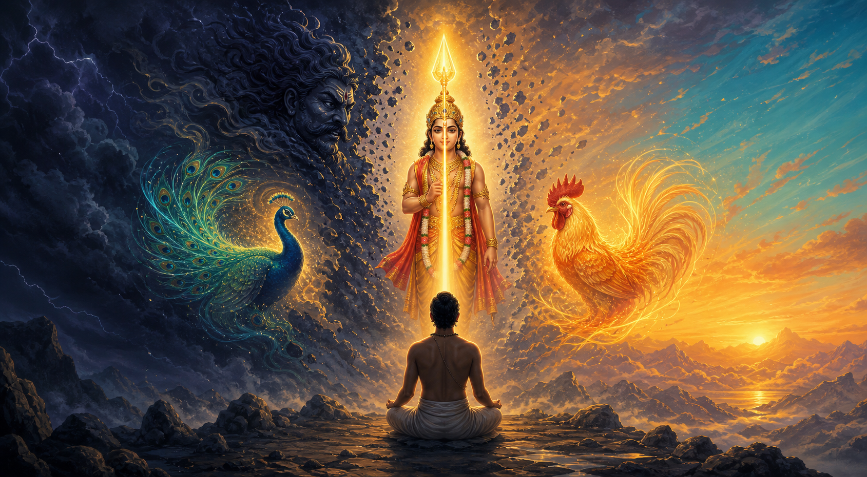 A meditating person faces Murugan holding a radiant vel as a dark storm transforms into peacock and rooster forms at dawn.