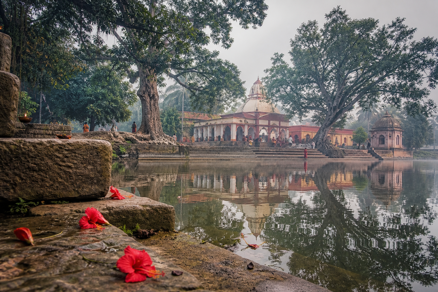 A temple pond with stone steps, hibiscus offerings, trees, and a Bengali shrine in the background.