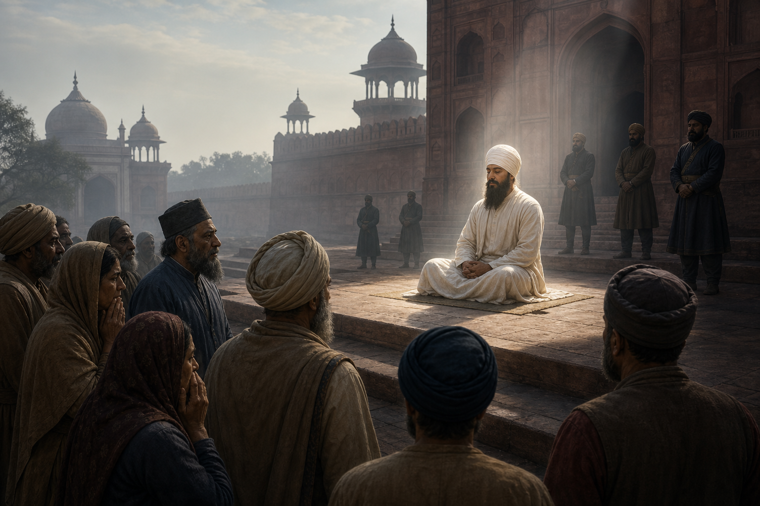 Guru Tegh Bahadur sits in calm meditation in a shadowed Delhi setting as guards and distressed witnesses stand nearby.