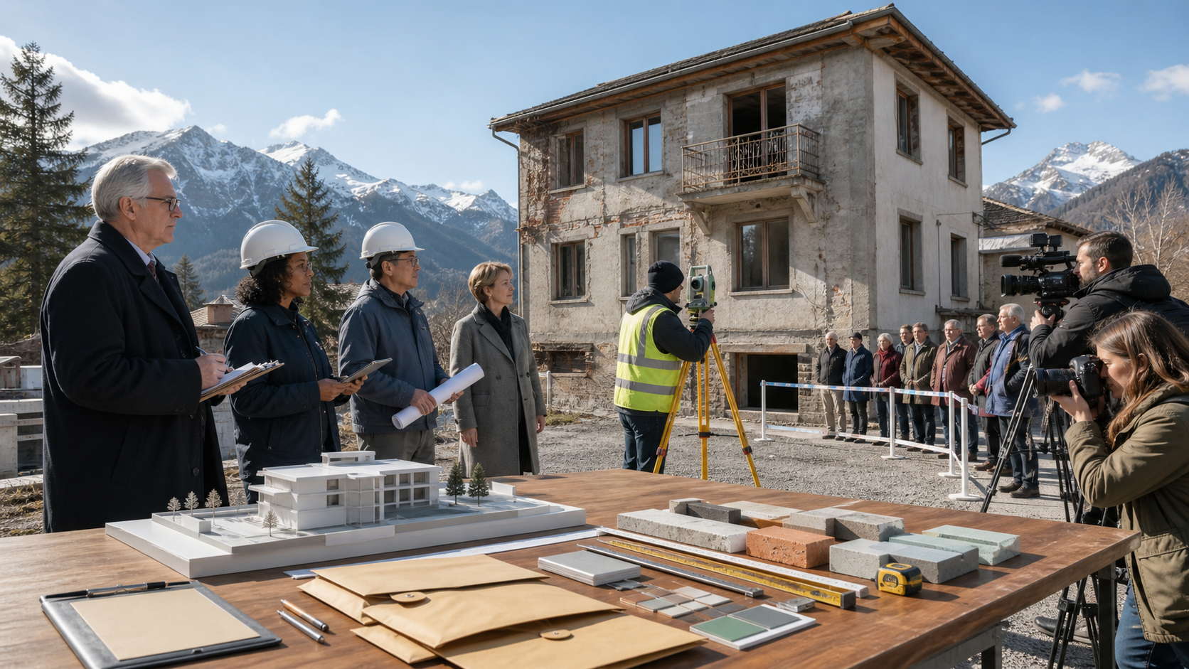 Officials, engineers, journalists, and residents observe a public building inspection with measuring tools and an architectural model on display.