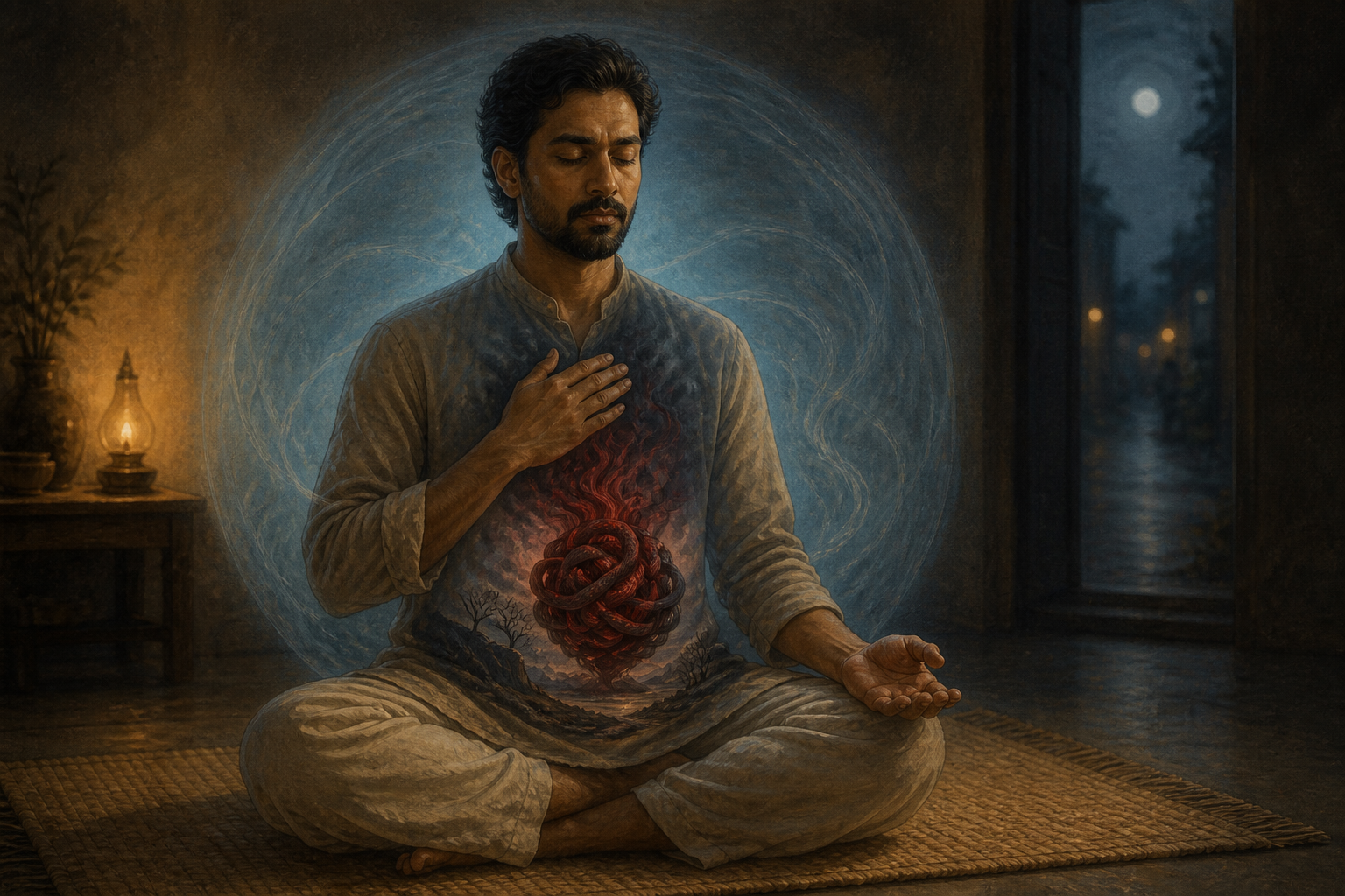 A seated person observes a red-black smoky knot within the chest while a pale blue circle surrounds the body.