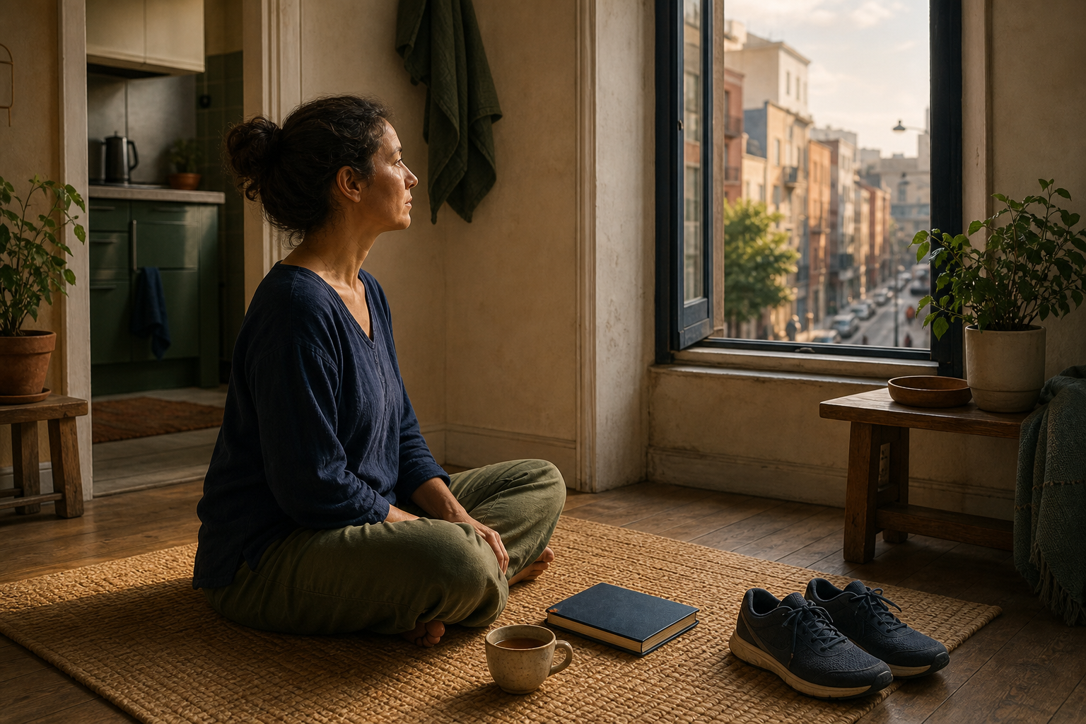 A person sits quietly on a woven mat beside an open window, with tea, walking shoes, and a closed journal nearby at sunrise.