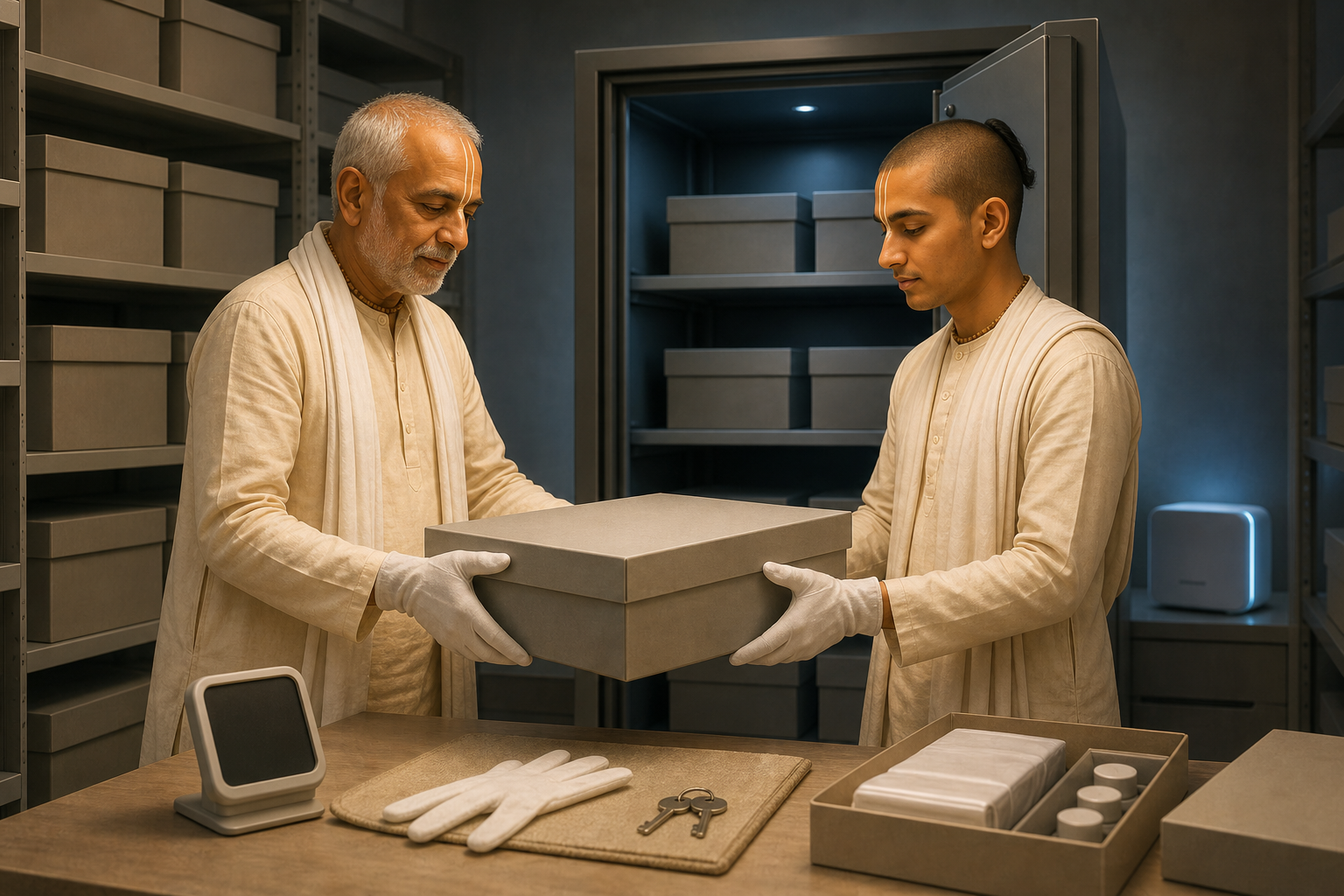 An older archival custodian hands a sealed preservation box to a younger apprentice beside secure shelves and backup storage cases.