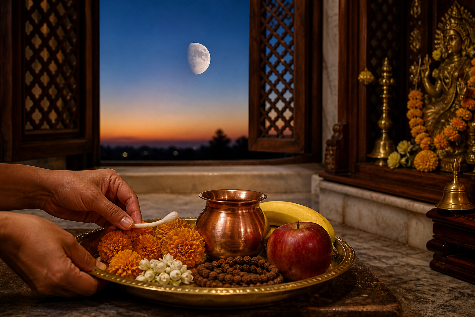 A puja tray with flowers, a brass lamp, prayer beads, fruit, and a copper vessel rests beside a window overlooking a waxing moon at dusk.